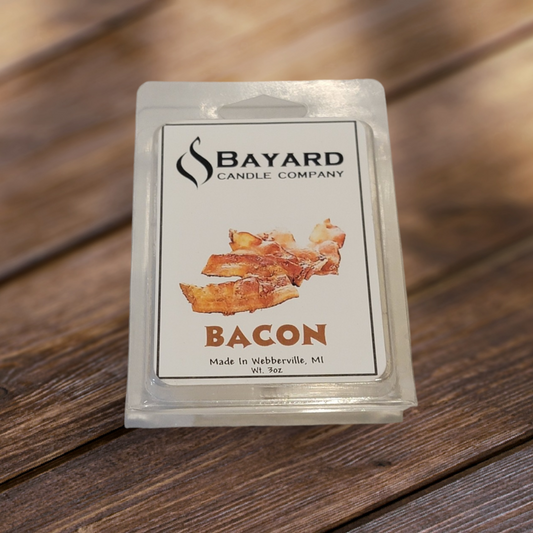 Bacon Soy Wax Melt package on a wood table