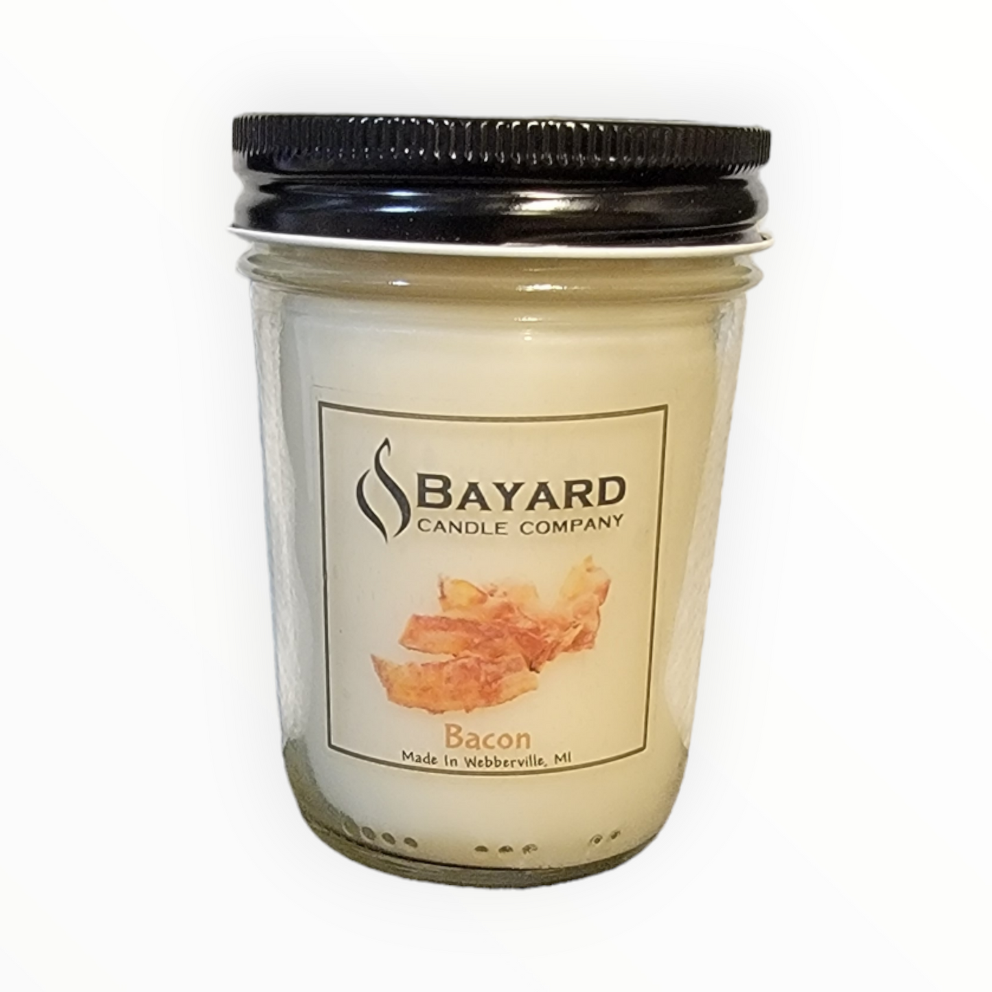 bacon soy candle on white background