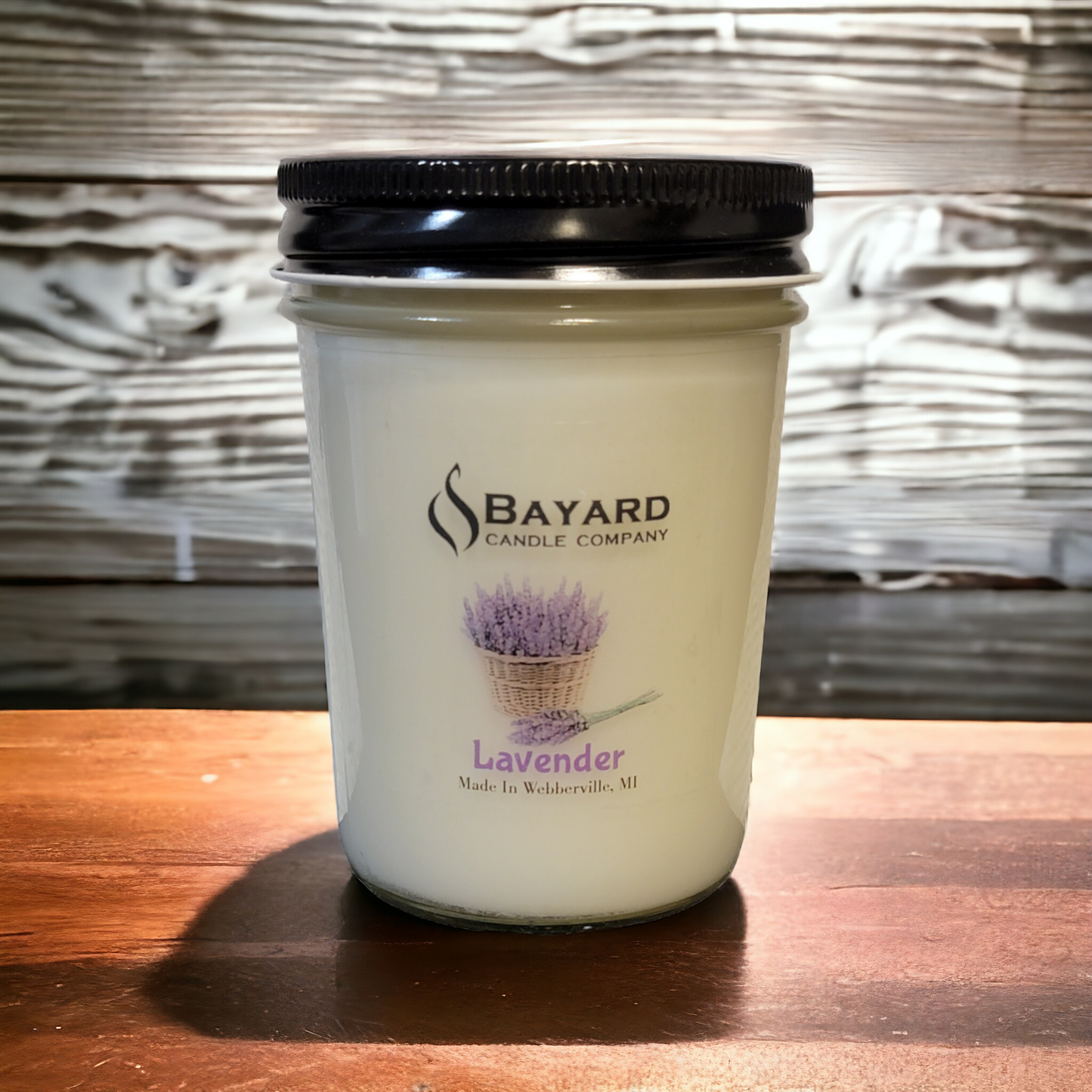 Lavender soy candle on a wood table