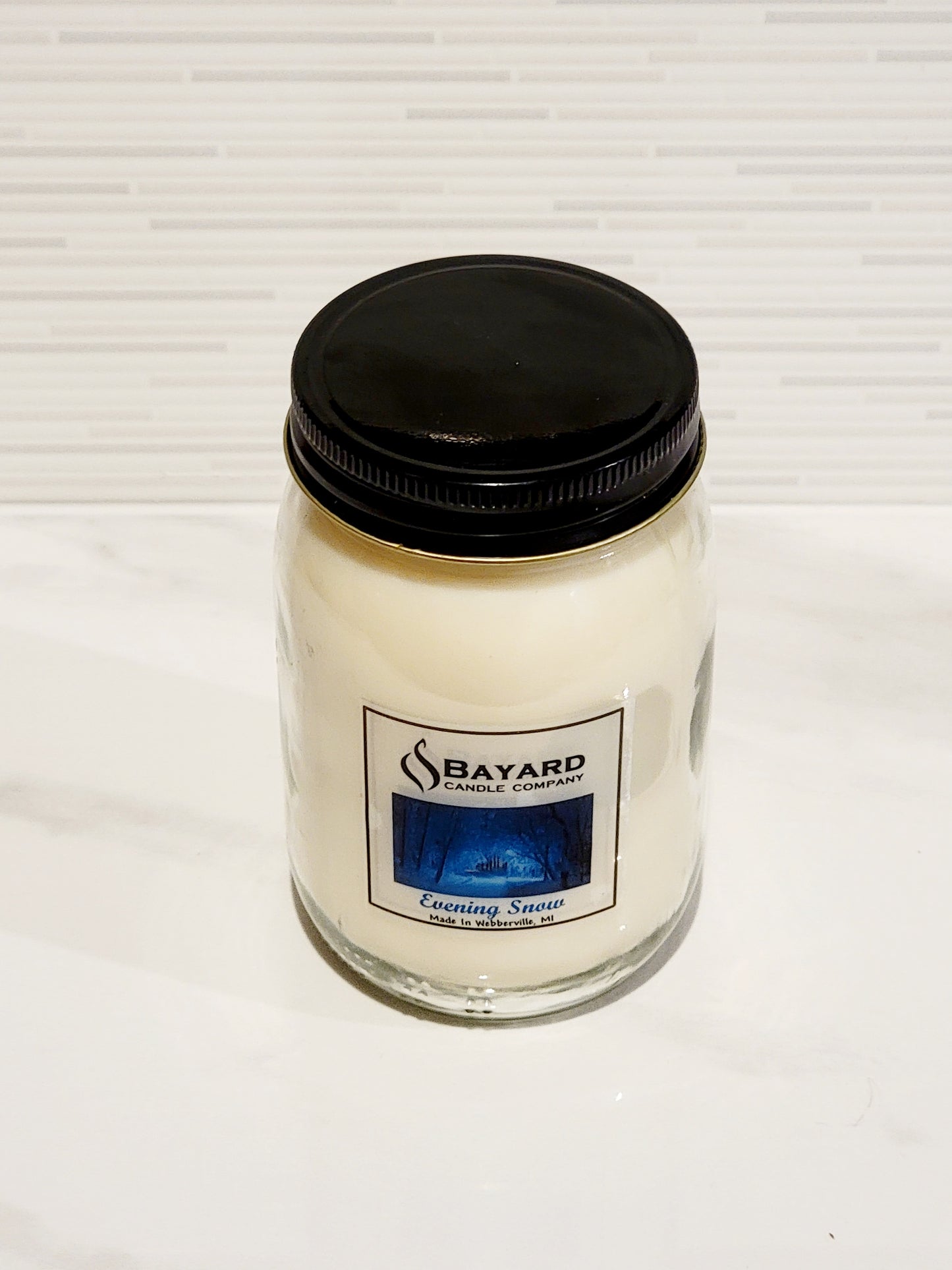 Evening Snow Soy Candle 16oz on Marble Counter